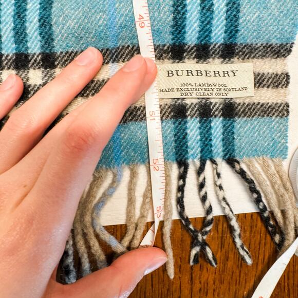 Burberry Scarf Lambswool Authentic Wool Blue Plaid Nova Check Winter Fringe Tan - Picture 9 of 9